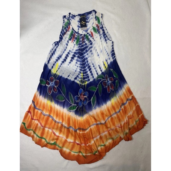 Seerat Dresses & Skirts - Seerat Womens Tie Dye Floral Embroidered Sleeveless Tunic Dress Orange Blue NEW